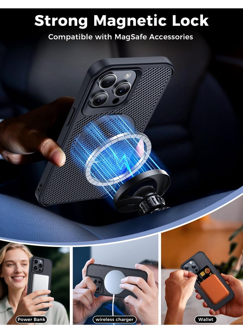 IPhone 15 Pro Max Case with 360° Magnetic Stand, Carbon Fiber Phone Case [Compatible with Magsafe] [16FT Protection] with Stand Ring 6.7'', Black