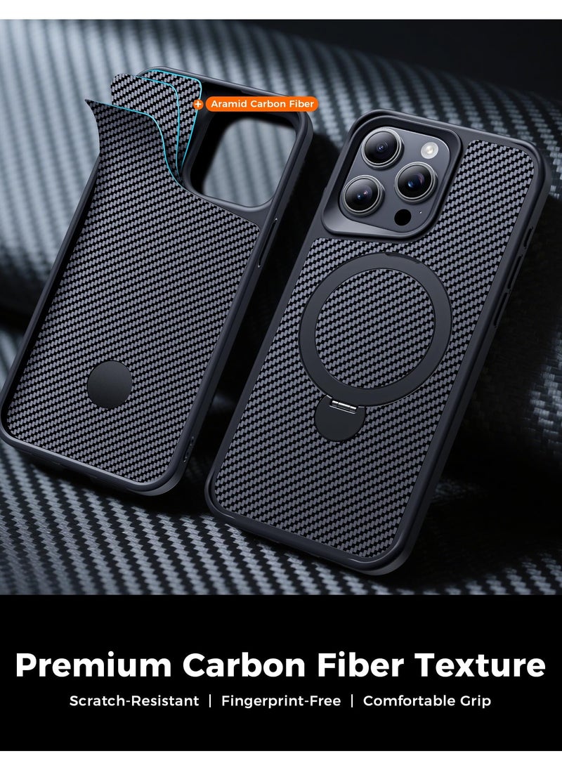 IPhone 15 Pro Max Case with 360° Magnetic Stand, Carbon Fiber Phone Case [Compatible with Magsafe] [16FT Protection] with Stand Ring 6.7'', Black