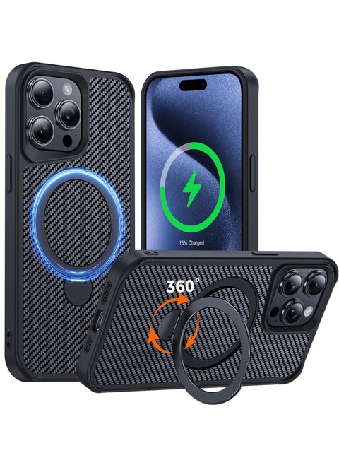 IPhone 15 Pro Max Case with 360° Magnetic Stand, Carbon Fiber Phone Case [Compatible with Magsafe] [16FT Protection] with Stand Ring 6.7'', Black