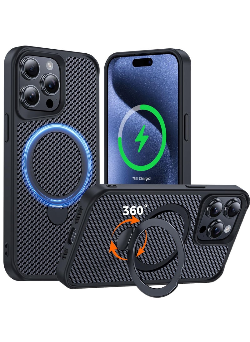 IPhone 15 Pro Max Case with 360° Magnetic Stand, Carbon Fiber Phone Case [Compatible with Magsafe] [16FT Protection] with Stand Ring 6.7'', Black