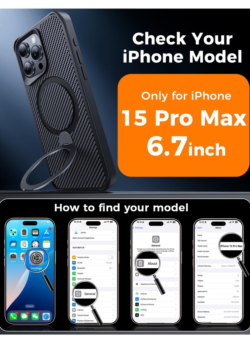 IPhone 15 Pro Max Case with 360° Magnetic Stand, Carbon Fiber Phone Case [Compatible with Magsafe] [16FT Protection] with Stand Ring 6.7'', Black