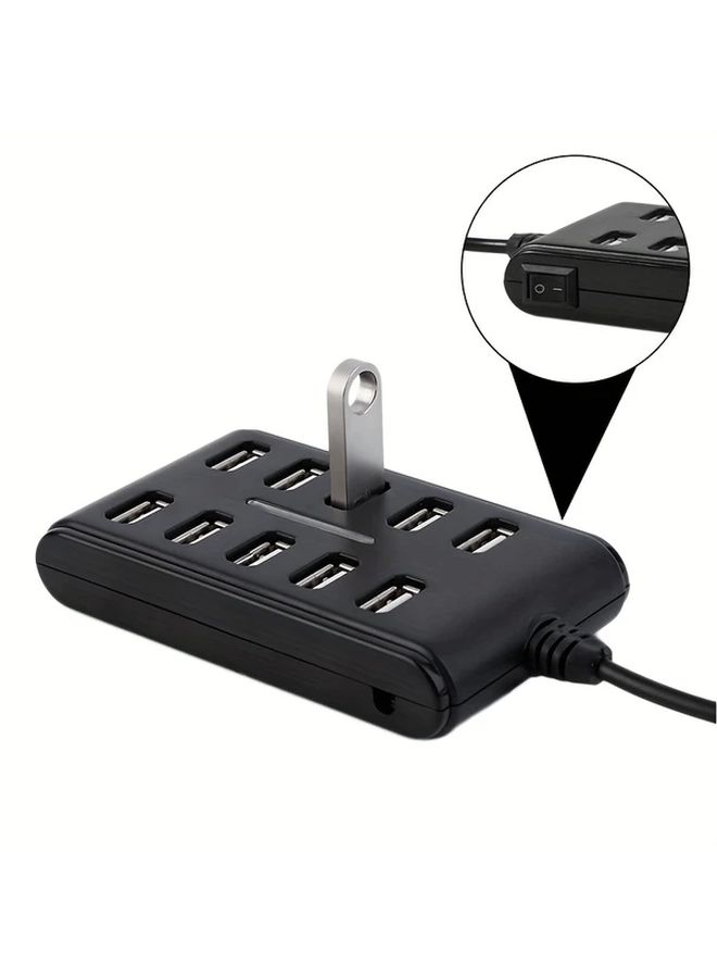 محطة شحن USB سوداء بـ10 منافذ مع مفاتيح تشغيل/إيقاف فردية وتصميم مسطح منخفض الارتفاع - Image 1