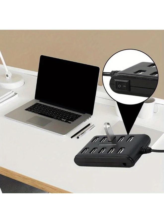 محطة شحن USB سوداء بـ10 منافذ مع مفاتيح تشغيل/إيقاف فردية وتصميم مسطح منخفض الارتفاع - Image 3