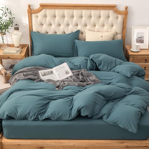 PURE ERA Jersey Knit Duvet Cover Set 100 TShirt Cotton Super Soft Comfy 3pc Bedding Set with Zipper Closure Solid Cerulean Blue Queen