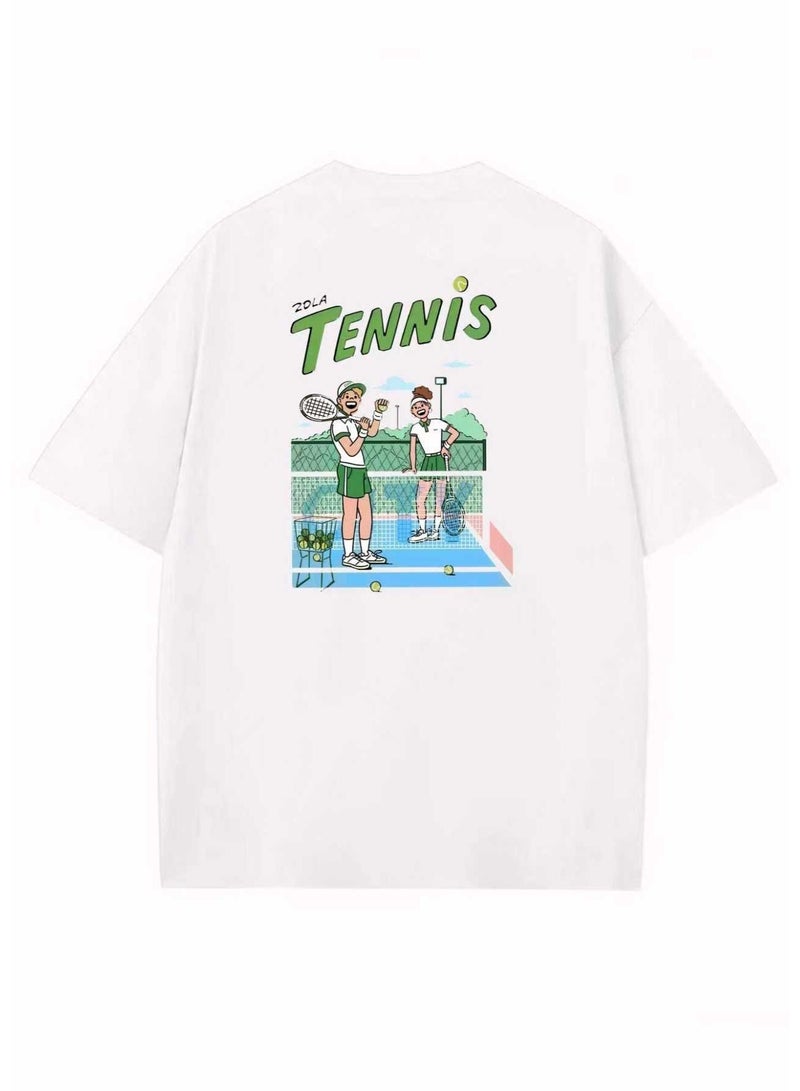 Men's Casual Crew Neck Short Sleeve T-Shirt with Vintage "2DLA Tennis" Graphic Print - White - Image 1