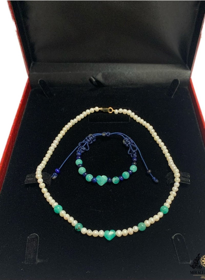 Miracle Empire Unique And Exclusive Teens Woman Necklace And Girls Bracelet Set Handmade Of Natural 5-7Mm Pearls 2 Heart Shape 10 Emeralds And A 18K Gold Plated Clasp - Image 1