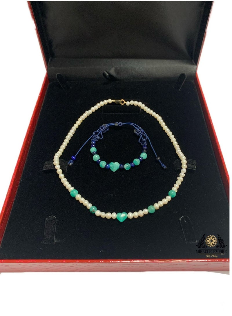 Miracle Empire Unique And Exclusive Teens Woman Necklace And Girls Bracelet Set Handmade Of Natural 5-7Mm Pearls 2 Heart Shape 10 Emeralds And A 18K Gold Plated Clasp - Image 2