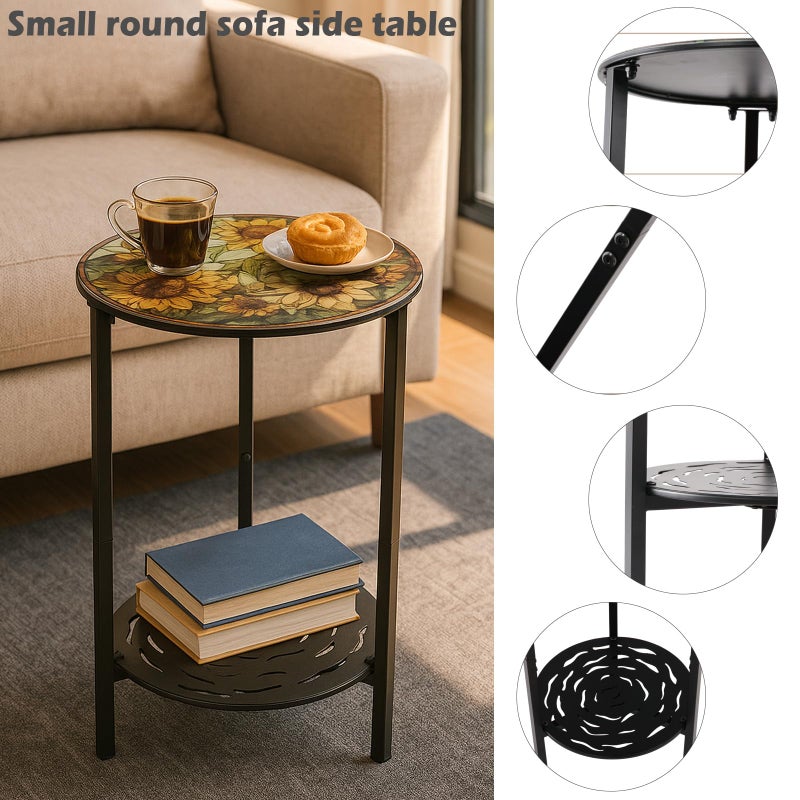 lucpur 2-Tier Metal Round Side Table Black Accent Coffee Tables Small Space Corner Plant Stand Shelf for Indoor Outdoor Use Patio Balcony End Table Flower Print Weather-Resistant - Image 3