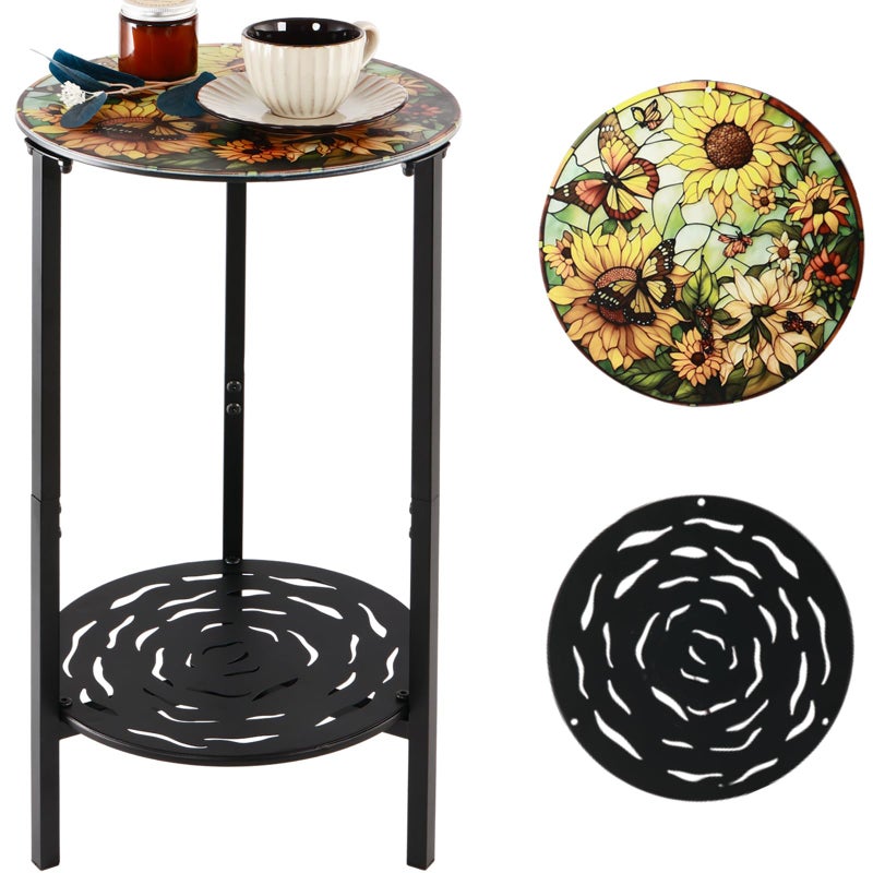 lucpur 2-Tier Metal Round Side Table Black Accent Coffee Tables Small Space Corner Plant Stand Shelf for Indoor Outdoor Use Patio Balcony End Table Flower Print Weather-Resistant - Image 1