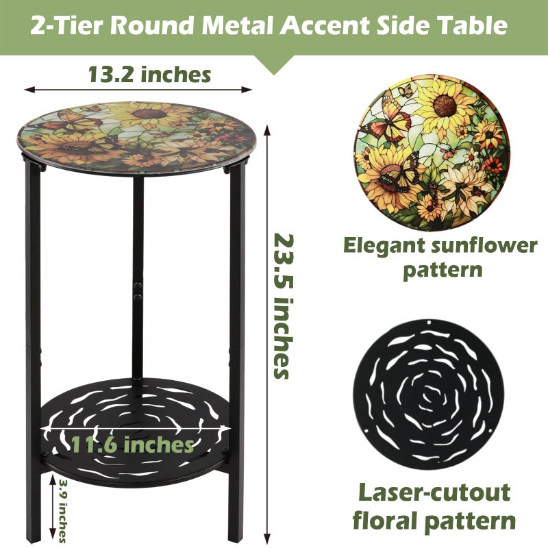 lucpur 2-Tier Metal Round Side Table Black Accent Coffee Tables Small Space Corner Plant Stand Shelf for Indoor Outdoor Use Patio Balcony End Table Flower Print Weather-Resistant - Image 2