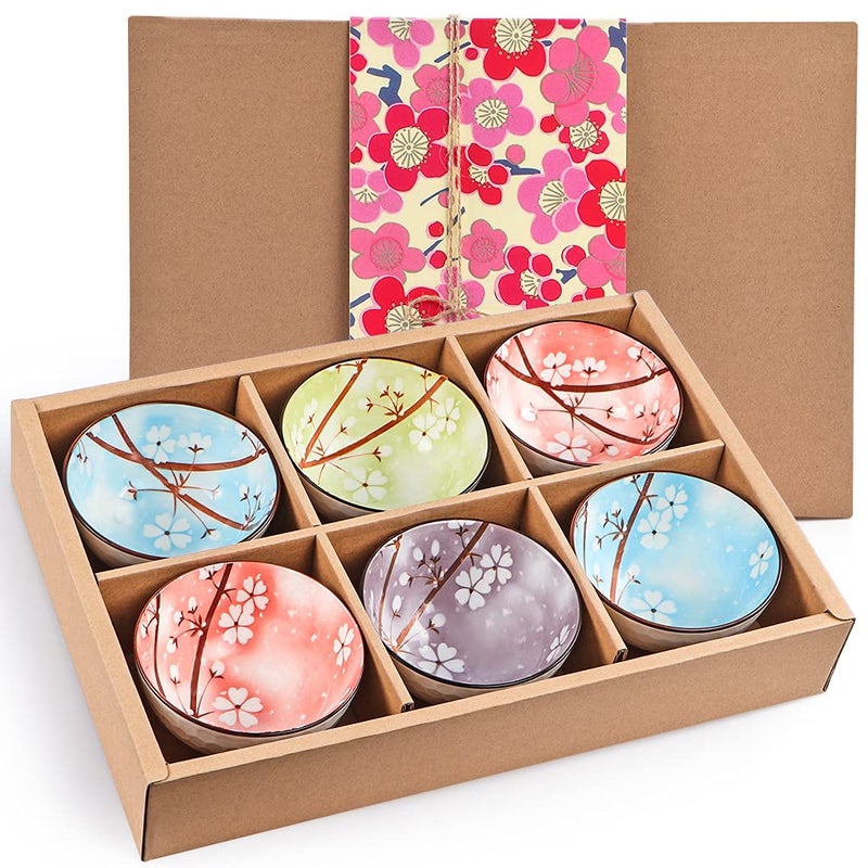 Sanbege Ceramic Rice Bowls 10 oz Sakura Bowl Gift Set Assorted Color Dinnerware Serving Bowls for Rice Cereal Noodle Soup Desserts Pack of 6 Cherry Blossom