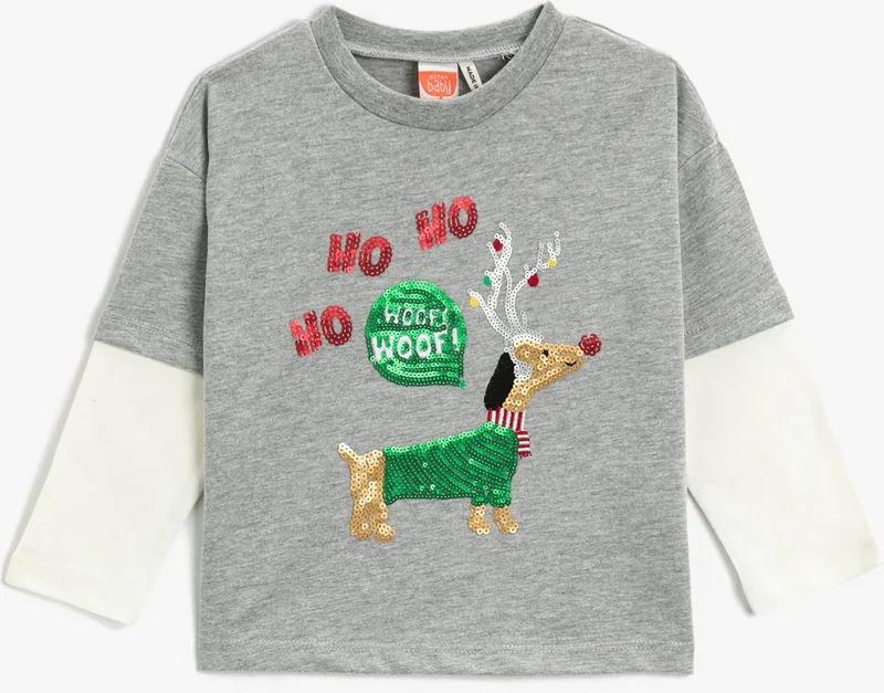KOTON New Year Themed Long Sleeve T-Shirt Sequined Embroidered Crew Neck