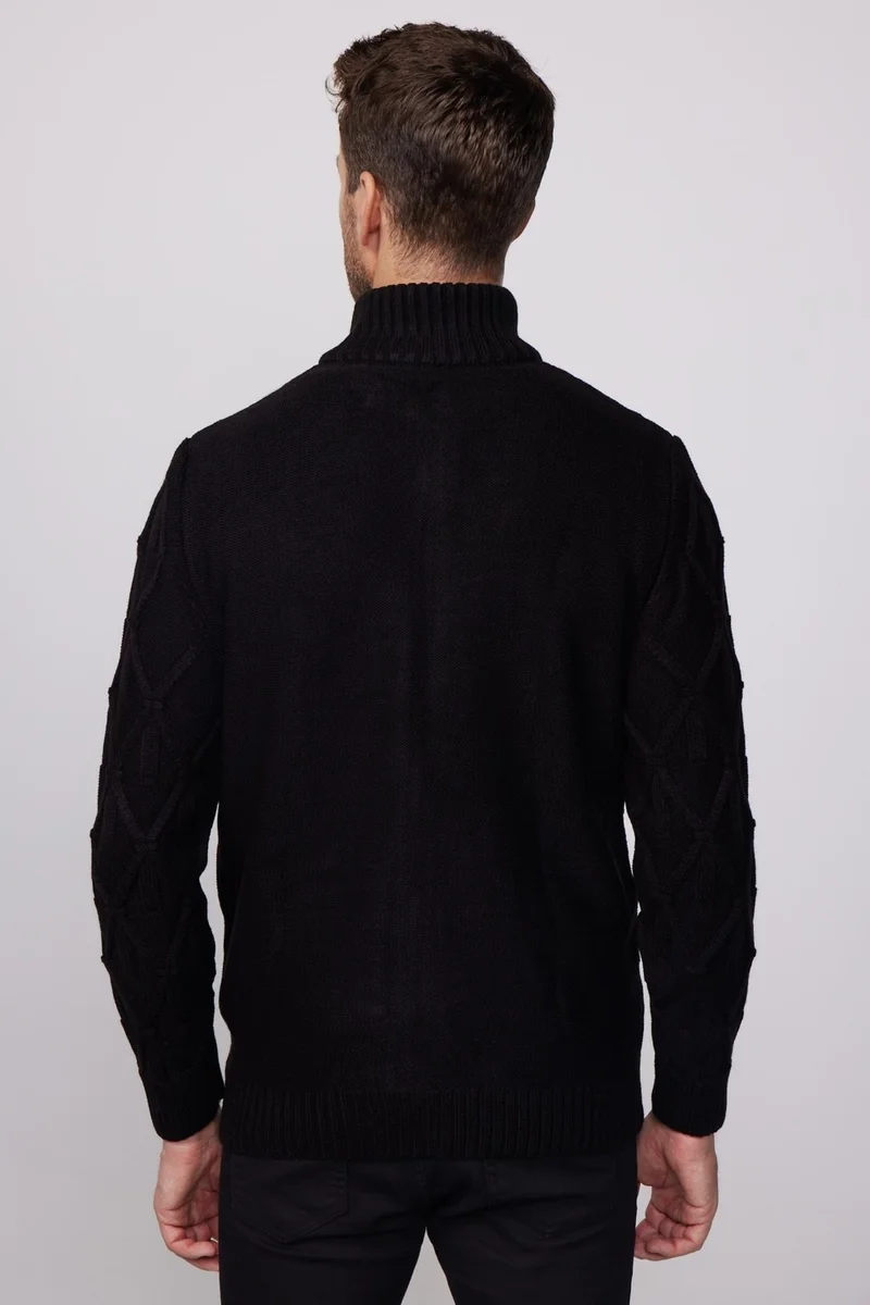 تودورس Slim Fit Patterned Stand Collar Zippered Black Men's Cardigan
