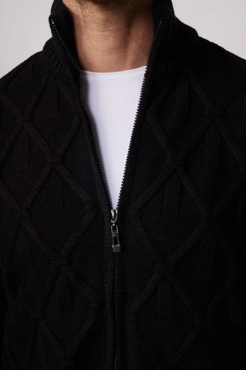 تودورس Slim Fit Patterned Stand Collar Zippered Black Men's Cardigan