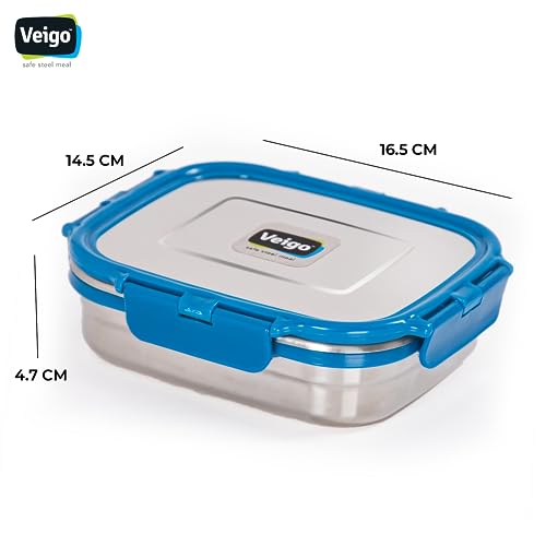 Veigo Original Stainless Steel Large Lunch Box(630 ml)| Airtight & Leakproof| Freezer & Dishwasher Safe| Kids Lunch Box for School |Silicone Ring & Polymer Frame| Safe Lid Lock| Blue - Image 3