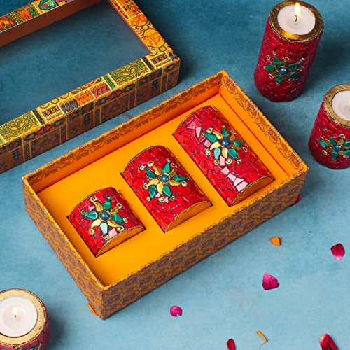 INDICAST Stone Work Pillar Candle for Home Decor Set of 3 Handcrafted Diwali Diya Decorative Showpieces Reusable Tealight Candle Holder (Red) - Image 5