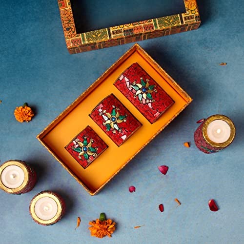 INDICAST Stone Work Pillar Candle for Home Decor Set of 3 Handcrafted Diwali Diya Decorative Showpieces Reusable Tealight Candle Holder (Red) - Image 4