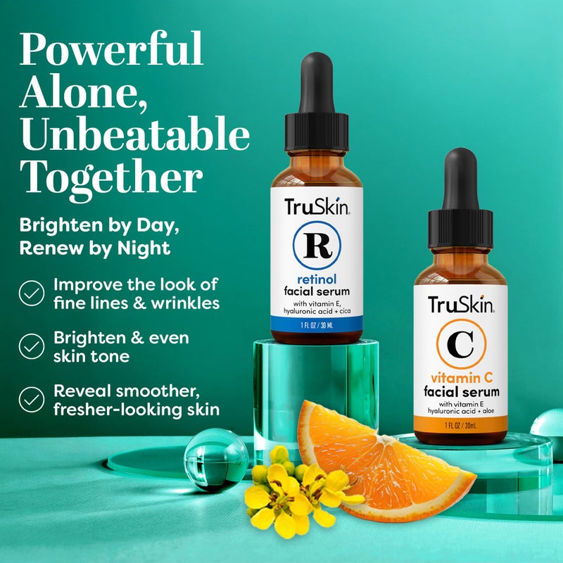 TruSkin Face Serum Duo â€“ Vitamin C & Retinol Serum for Face â€“ Anti-Aging Skin Care Gift Set for Women â€“ Helps Improve Appearance of Fine Lines & Wrinkles for Smoother Looking Skin, 1 Fl Oz, 2 Bottles - Image 3