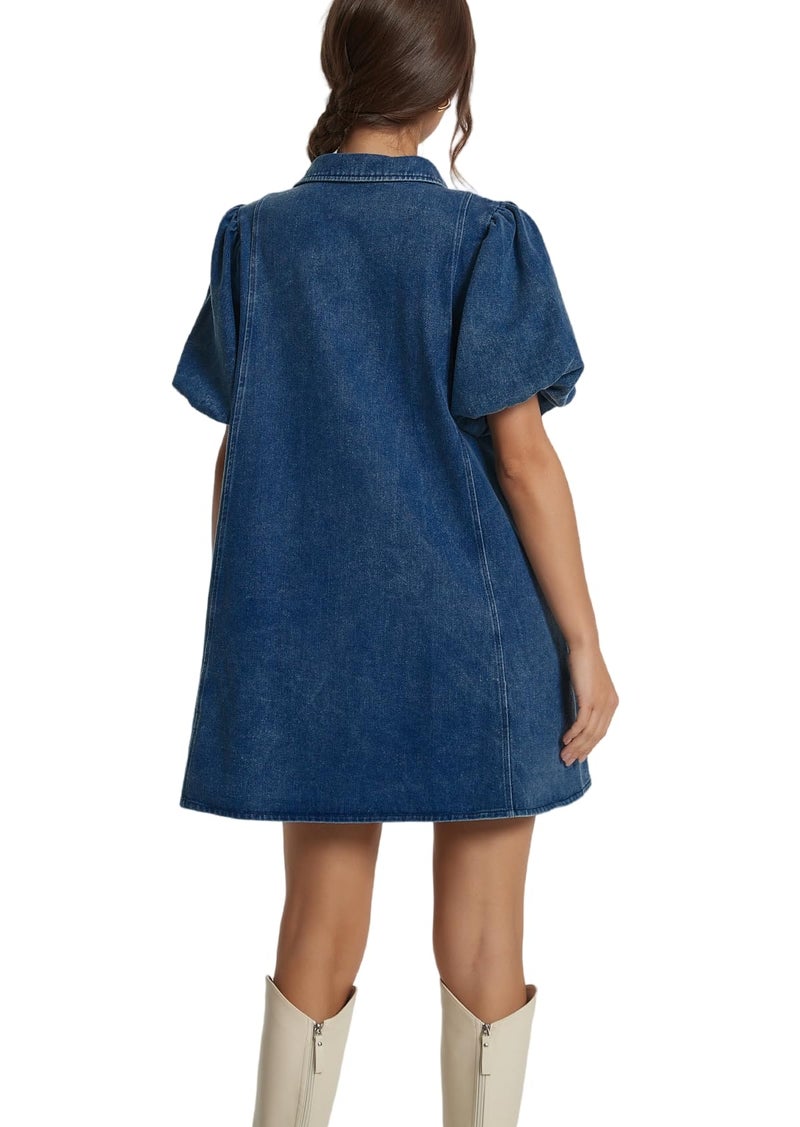 LifeShe Women Short Puff Sleeve Denim Dresses Babydoll Mini Dress Casual Flowy Swing Jean Dresses Deep Blue - Image 2