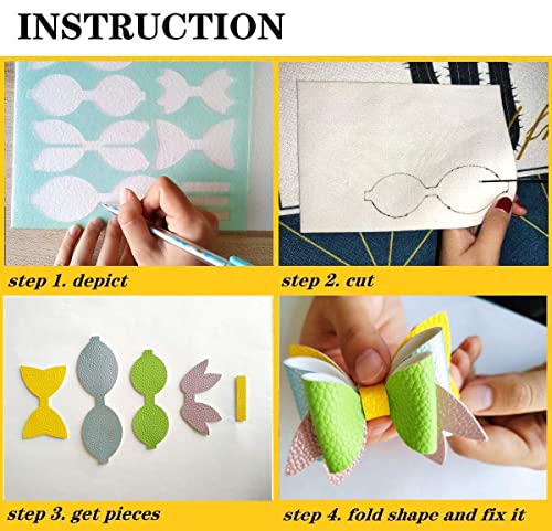 SHUANGART Reusable Faux Leather Bows Making Template,4 Kinds of Bow Styles Plastic Cutting Stencil for DIY, Add 2 pcs A4 Size Vinyl Fabric Sheets for Free(Random Colors) - Image 5