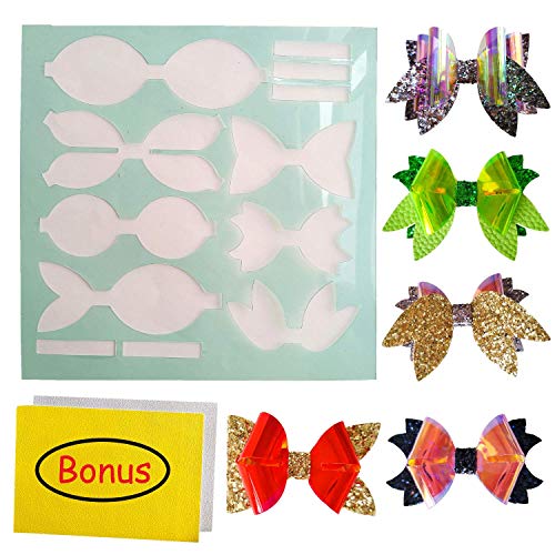 SHUANGART Reusable Faux Leather Bows Making Template,4 Kinds of Bow Styles Plastic Cutting Stencil for DIY, Add 2 pcs A4 Size Vinyl Fabric Sheets for Free(Random Colors) - Image 1