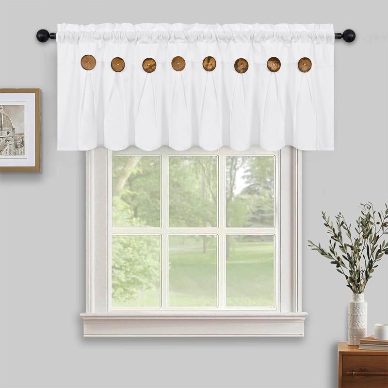 FRAMICS Farmhouse Valance Curtains, Boho Cotton Linen Kitchen Valance, White Rustic Button Window Valances for Kitchen Bathroom Bedroom, Country Rod Pocket Valances for Windows, White, 52 x 18 Inch - Image 1