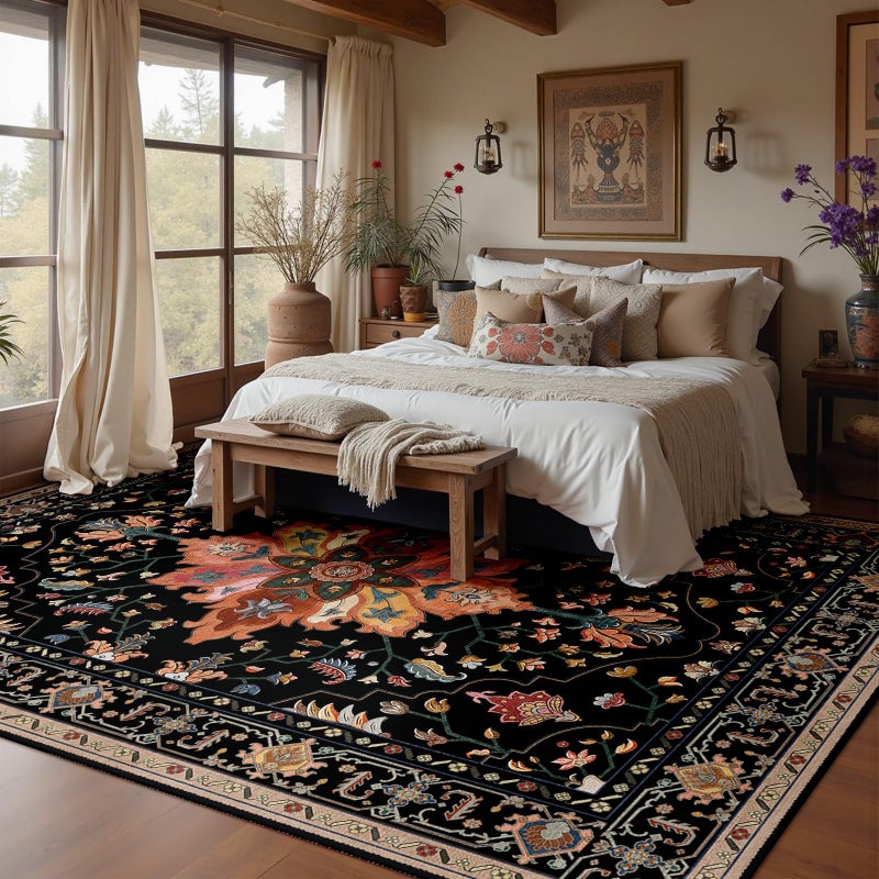 RELEANY Area Rugs 6'x9' Washable Non-Slip, Floral Vintage Distress Print Pattern Medallion Carpet for Living Room Bedroom Dining Room, Black Colorful Floral Dark Tan - Image 2