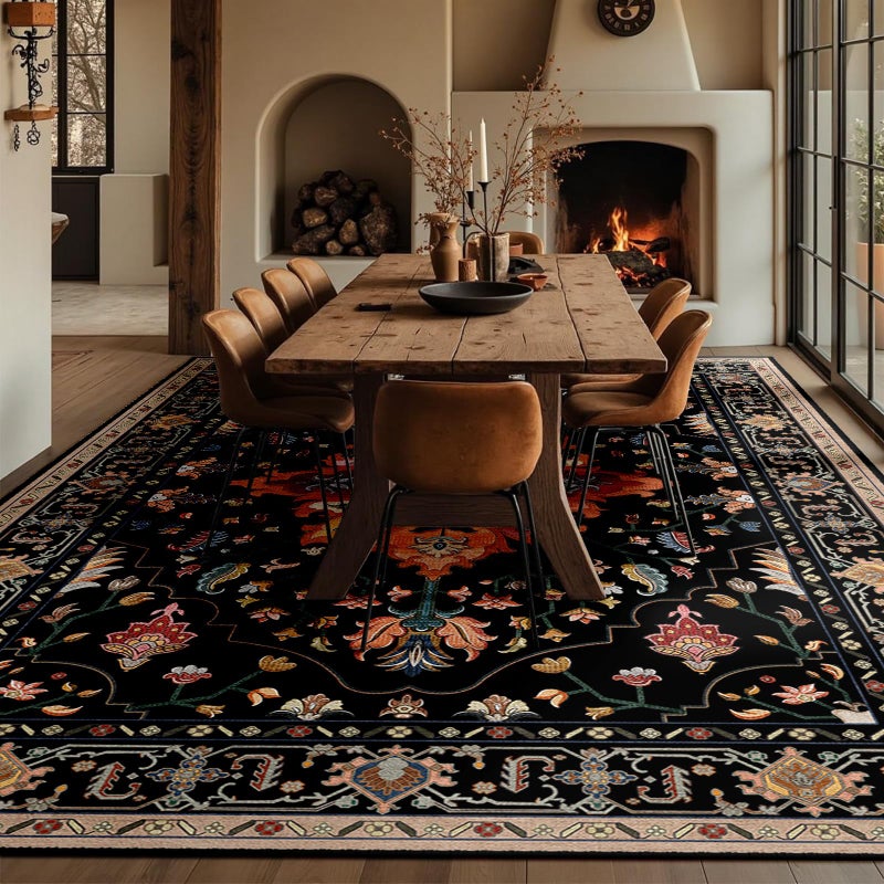 RELEANY Area Rugs 6'x9' Washable Non-Slip, Floral Vintage Distress Print Pattern Medallion Carpet for Living Room Bedroom Dining Room, Black Colorful Floral Dark Tan - Image 3