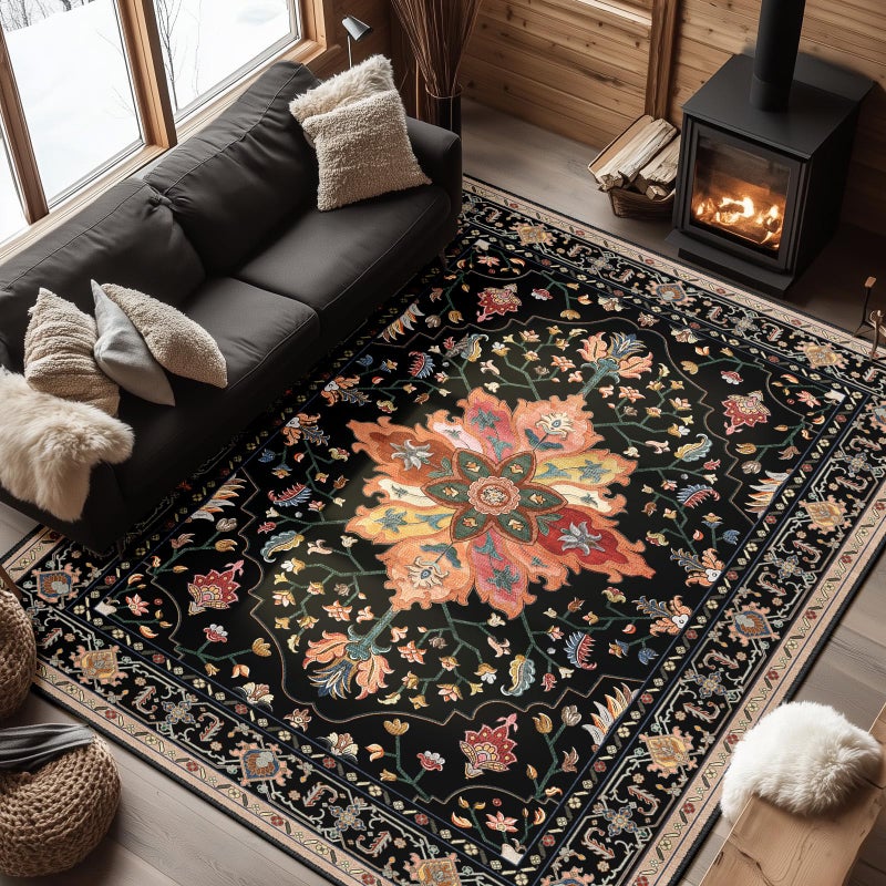 RELEANY Area Rugs 6'x9' Washable Non-Slip, Floral Vintage Distress Print Pattern Medallion Carpet for Living Room Bedroom Dining Room, Black Colorful Floral Dark Tan - Image 1