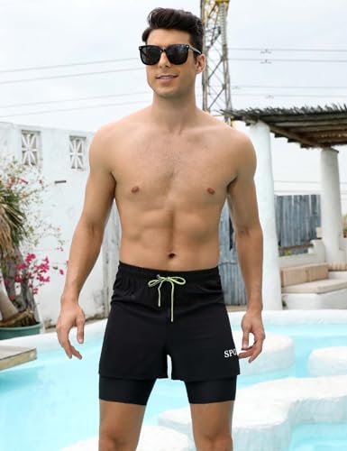 KANAV Mens Swim Trunks with Compression Liner 2 in 1 Quick-Dry Swim Shorts Lined Board Shorts Black Solid - Image 2