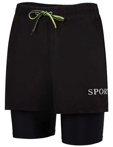 KANAV Mens Swim Trunks with Compression Liner 2 in 1 Quick-Dry Swim Shorts Lined Board Shorts Black Solid - Image 1