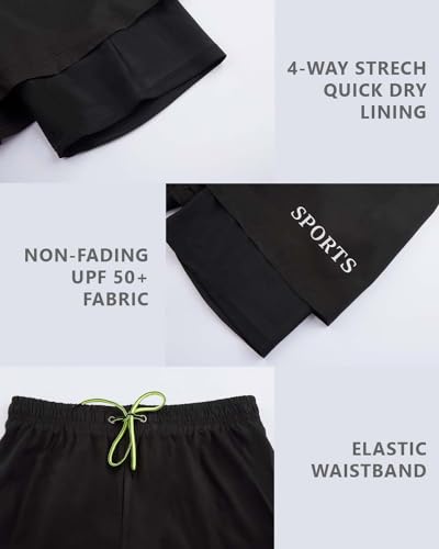 KANAV Mens Swim Trunks with Compression Liner 2 in 1 Quick-Dry Swim Shorts Lined Board Shorts Black Solid - Image 5