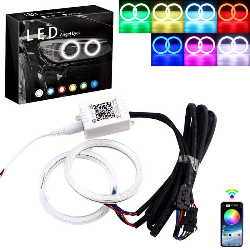 Generic GrandviewTM 1-set 80MM Multi-Color RGB LED Halo Rings Light COB 81SMD Smart Phone iOS Android App Bluetooth Control Car Angel Eyes Circle Ring Headlight Lamp Daytime Running Lights(DRL)12V  - Image 1