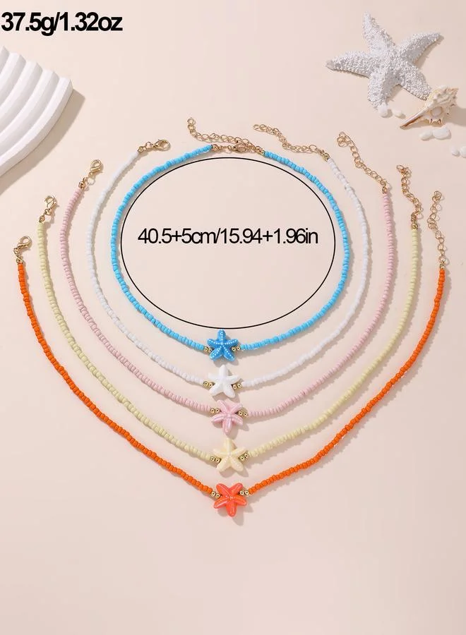 Take Two  Pack of 5 - Girls Multi-Color Starfish Charm Beaded Necklaces for Women | Best Price UAE