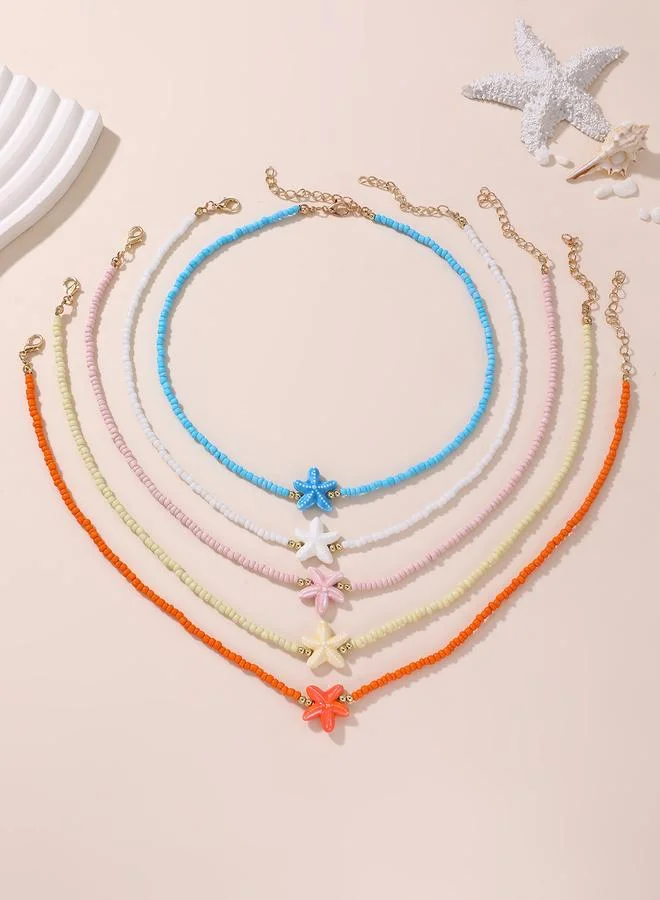 Pack of 5 - Girls Multi-Color Starfish Charm Beaded Necklaces