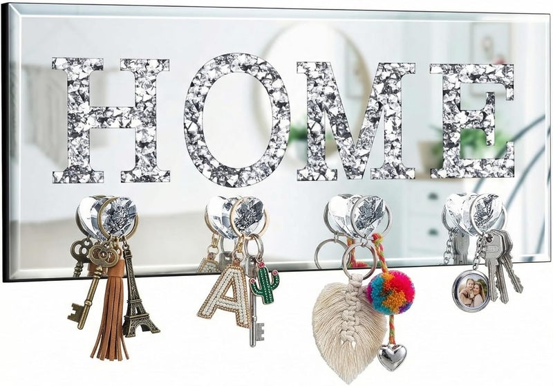 Yalikop Crush Diamond Mirrored Home Letter Plaque Sign Wall Mounted Key Holder Clear Heart Shape Hooks Key Hanger for Wall Door Bookshelf Decorative Wall Plaque with Hooks Key Chain Wall Hanger Key Organizer - Image 1