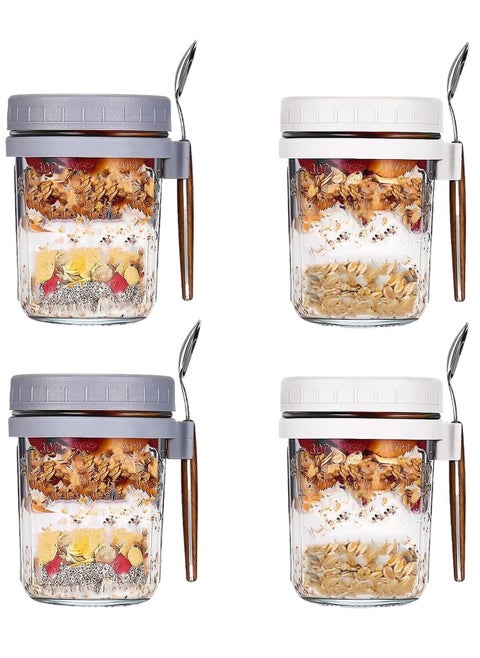 4 Pack 350ml Glass Jars for Overnight Oats Overnight Oats Containers with Lids and Spoons