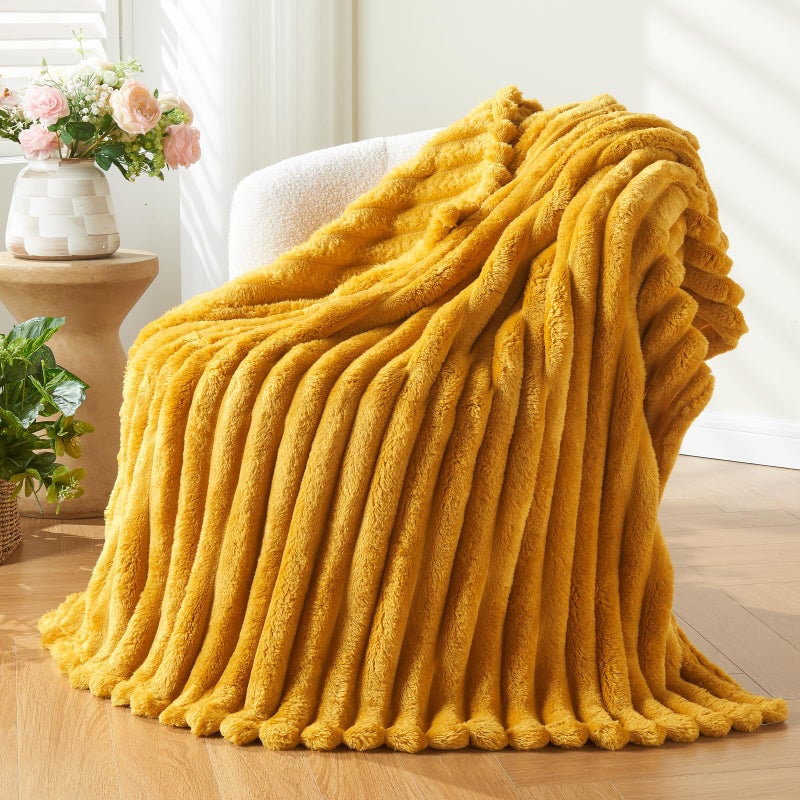NEWCOSPLAY Super Soft Throw Blanket Mustard Yellow Premium Silky Flannel Fleece 3D Ribbed Jacquard Lightweight Bed Blanket All Season Use Mustard Yellow Ribbed Throw50x60