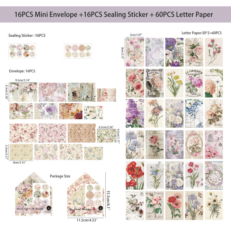 Doraking 92 Pieces Mini Stationery Paper Envelopes and Sealing Sticker Set, 60 Writing Flower Scrapbook Papers with 16 Matching Envelopes and 16 Round Seal Sticker - Image 4