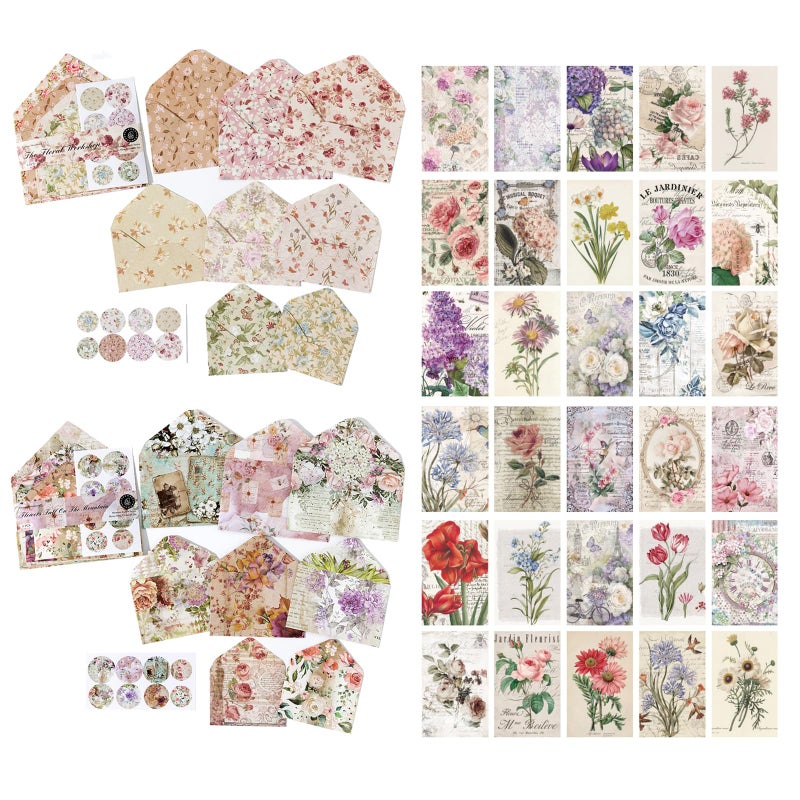 Doraking 92 Pieces Mini Stationery Paper Envelopes and Sealing Sticker Set, 60 Writing Flower Scrapbook Papers with 16 Matching Envelopes and 16 Round Seal Sticker - Image 1