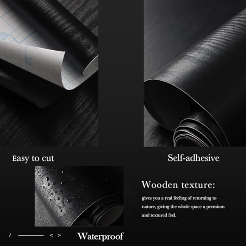 Fiula Black Wood Black Peel and Stick Wallpaper 197”×17.5” Self Adhesive Wallpaper Removable Stick and Peel Wallpapers Black Wood Grain Vinyl - Image 2