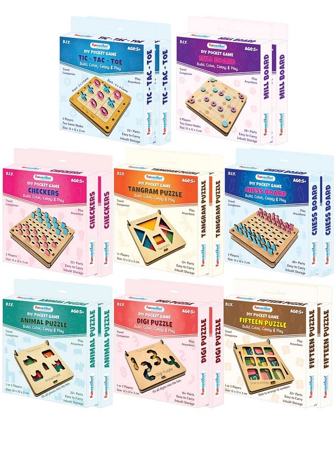 Funvention Combo of 16 DIY Pocket Travel Games (Tic tac Toe, Chess, Checkers, Tangram, Millboard, DigiPuzzle, Fifteen & Animal Puzzle) for Kids 4+ Years, Family Board Game, Best Birthday Return Gifts