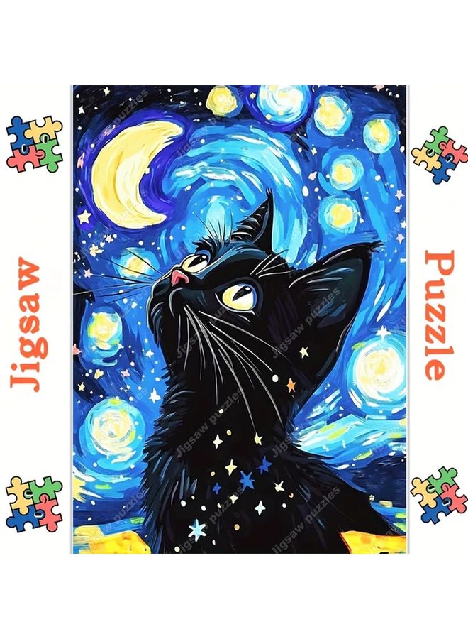 2000 قطعة لغز فان جوخ ليلة النجوم قطة سوداء ديكور جدار فن للبالغين هدية للمنزل - Image 1