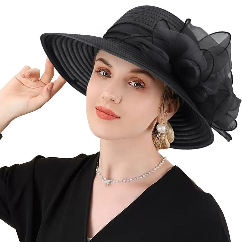 DRESHOW Lady Derby Dress Church Bowler Cloche Hat Bowknot Organza Bridal Cap for Wedding - Image 2