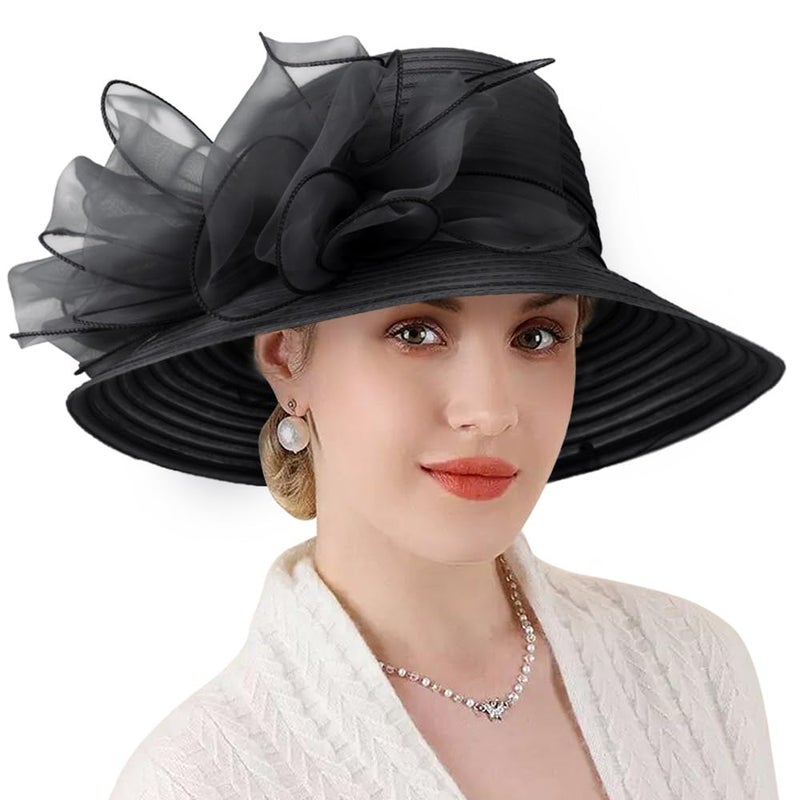 DRESHOW Lady Derby Dress Church Bowler Cloche Hat Bowknot Organza Bridal Cap for Wedding - Image 1