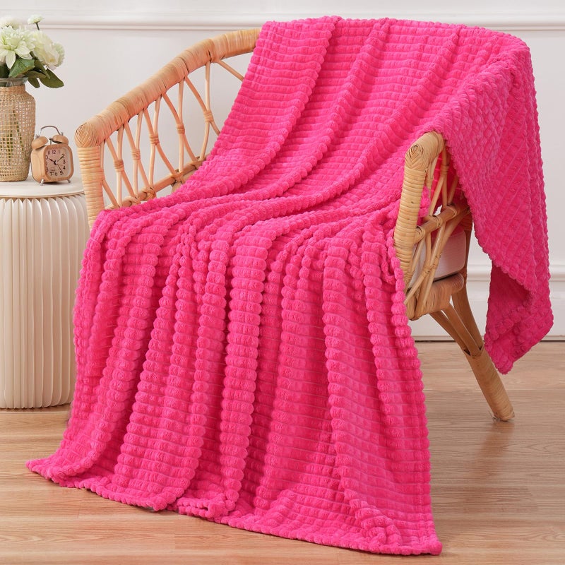 Puncuntex Flannel Fleece Throw Blanket Hot Pink 50"Ã—60",Super Soft Plush Cozy Blanket with 3D Jacquard Square Grid Design Luxury for Couch Sofa Chair - Image 2