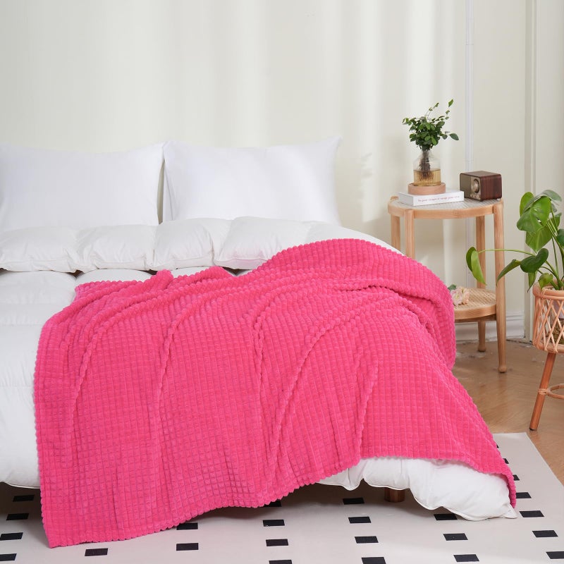 Puncuntex Flannel Fleece Throw Blanket Hot Pink 50"Ã—60",Super Soft Plush Cozy Blanket with 3D Jacquard Square Grid Design Luxury for Couch Sofa Chair - Image 5