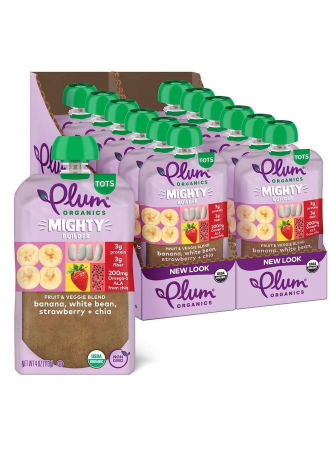 بلام أورجانيكس طعام عضوي للأطفال الصغار من Plum Organics Mighty Builder - موز وفاصوليا بيضاء وفراولة وشيا - كيس 4 أونصة (عبوة من 12 قطعة) - كيس طعام للأطفال الصغار من الفواكه والخضروات العضوية  - Image 1