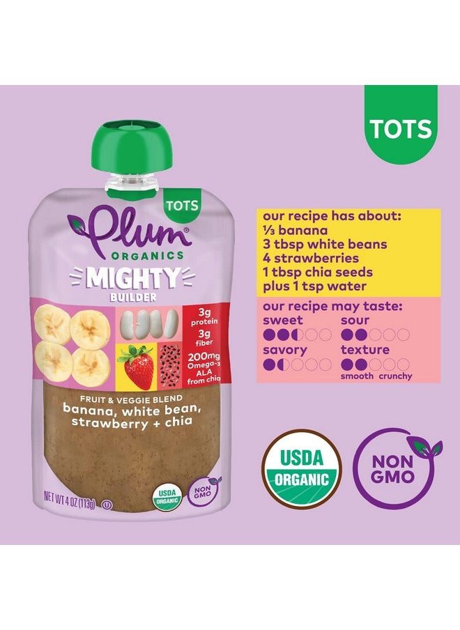 بلام أورجانيكس طعام عضوي للأطفال الصغار من Plum Organics Mighty Builder - موز وفاصوليا بيضاء وفراولة وشيا - كيس 4 أونصة (عبوة من 12 قطعة) - كيس طعام للأطفال الصغار من الفواكه والخضروات العضوية  - Image 2