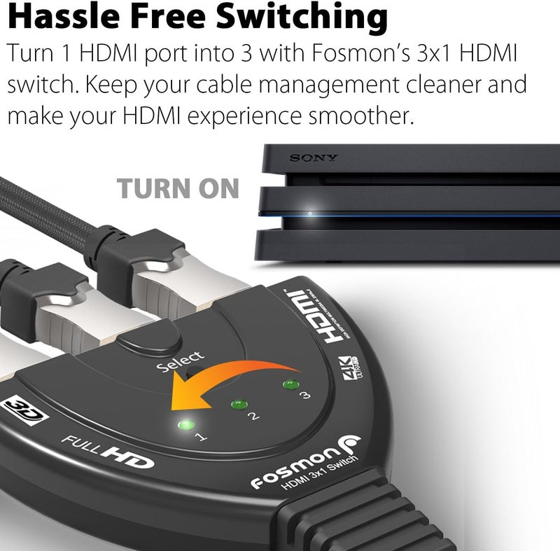 Fosmon 4K HDMI Switch, 3 Port HDMI Switcher with Pigtail Cable, Supports 30Hz, HDCP, Ultra HD for HDTV, PS5, Xbox, Fire Stick - Image 2